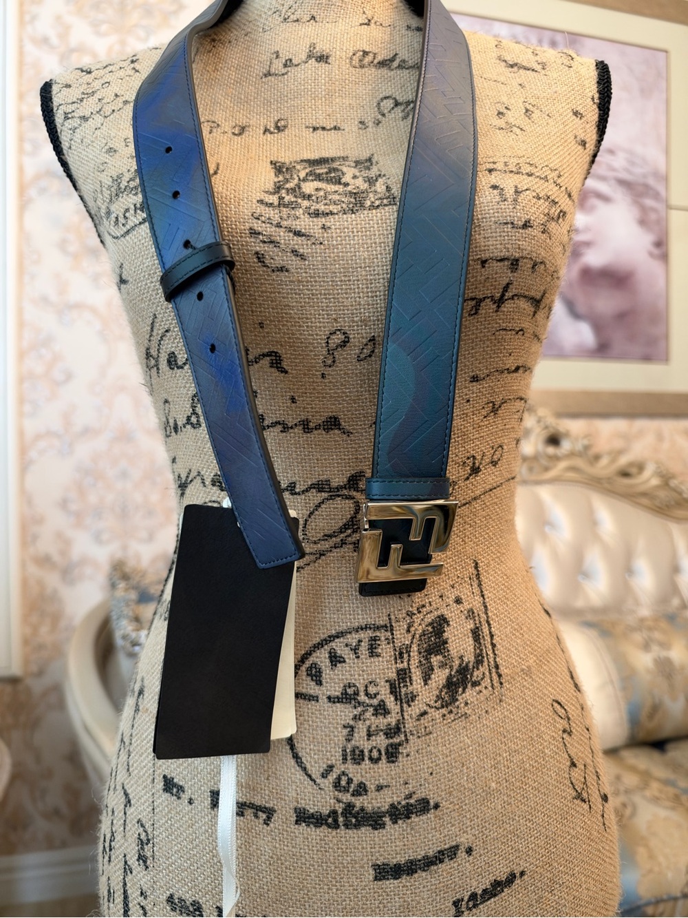 Fendi Blue Leather Men’s Belt with Signature FF Buckle